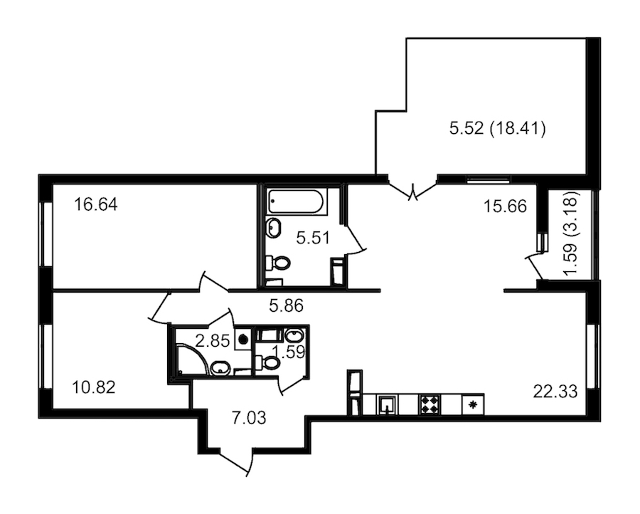 2-комнатная квартира 88.29 м², 12/12 эт., ЖК «Чёрная речка»